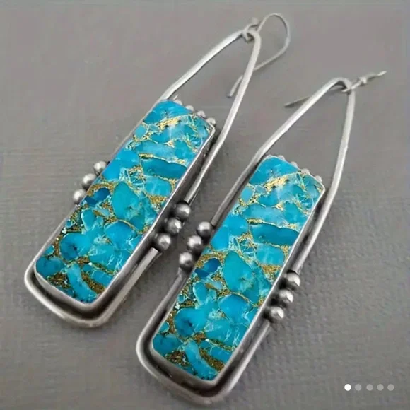 Silver and Blue Rectangular Dangle Earrings - Picture 3 of 3